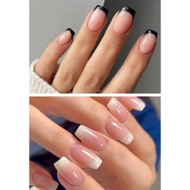 Ceboic 48Pcs Press on Nails French Tip, Short Square False Nails Set Pink White Gradient Fake Nails with Black Border, Removable Full Cover Acrylic Glue on Nails for Women Girls Nails Art 2 Packs