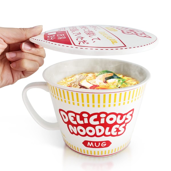 Sophie & Panda Porcelain Instant Noodle Bowl Mug With Handle 34 Oz - A Great Accessory For Anyone Who Loves Asian Noodles - One Novelty 5.5” X 4.5” Ramen Bowl with Lid (Red)