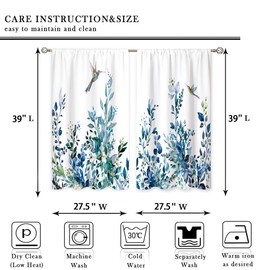 oolygoo Blue Eucalyptus Botanical Leaves Floral Kitchen Window Curtains Flower Leaf Small Hummingbird Window Treatment Cafe Short Curtains for Bathroom Treatment Tier Drapes 27.5x39inch