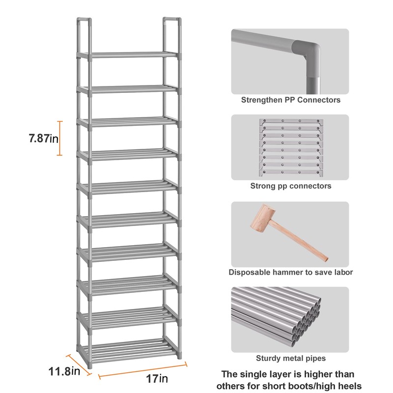OYREL 10-Tier Metal Shoe Rack, Narrow Shoe Rack Organizer, Sturdy