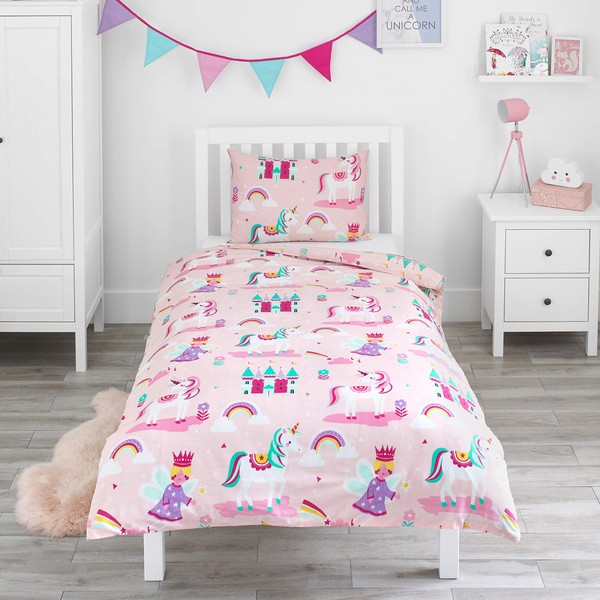 Bloomsbury Mill – Kids Single Bed Duvet Cover and Pillows Set – Kids Single Bedding for Girls – Magic Unicorn, Fairy Princess & Rainbow Reversible Kids Duvet Cover and Pillow Case Set – 135 x 200 cm