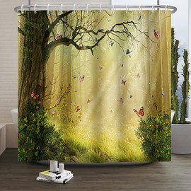 Xiaoterna Fairy Tales Forest Shower Curtain, Fantastic Jungle Bathroom Curtain, Butterfly Shower Curtain, Sunrise Landscapes, Shower Curtain, Machine Washable, Waterproof Fabric, 150 x 200 cm