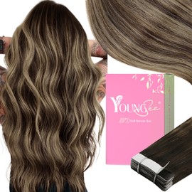 YoungSee Brown Ombre Tape in Hair Extensions Human Hair Tape in Hair Extensions Full Head Tape in Hair Extensions Brown Balayage to Caramel Blonde 18inch Skin Weft Tape ins Human Hair 50g 20pcs
