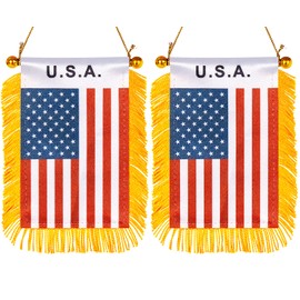 ZXvZYT 3 X 5 Inch America USA Window Hanging Flag US Small Mini Car Flags Banners Rearview Mirror Decoration - with Suction Cup & Golden Fringy Banner(2 Pack)