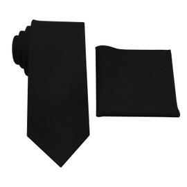 Mens Solid Linen Tie and Pocket Square Set - Slim - Regular - Extra Long Necktie, Black, Regular Tie