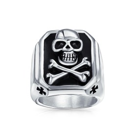 Bling Jewelry Mens Big Black Enamel Caribbean Pirate Skull & Cross Bones Rectangle Signet Ring for Men Teens Silver Tone Stainless Steel