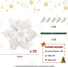 Alupssuc 20 Pcs 6 inch Glitter Poinsettias Artificial Christmas Flowers Decorations for Christmas Tree, Large Size Christmas Ornaments with Clips and Stems for Xmas Wreath Garland Home Decor, White