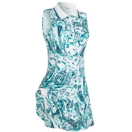 FREEYE Golf Dresses for Women Tennis Dresses Mini Dress Active Dresses with Shorts Sports Dress Green White Flowers XL