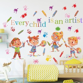 Every Child is an Artist Wall Decals Watercolor Crayon Paint Handprint Splatter Wall Stickers Colorful Peel and Stick for Kids Room Classroom School Nursery Playroom Daycare Decor
