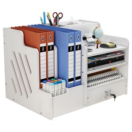 Zyners Bamboo Desk Organizer, Desktop Wood Bookshelf File Organizer, Pen Holder and Tissue Holder, 1 Drawer with lock for Office, Home, Need to Install (White)