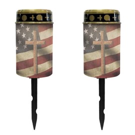 Luarisgur Cross and USA Flag Solar Memorial Lights for Graves Waterproof Outdoor Light Decor for Cemetery Solar Lights for Grave Decorative 4th of July Solar Light Flameless Candle Grave Lamp Set of 2