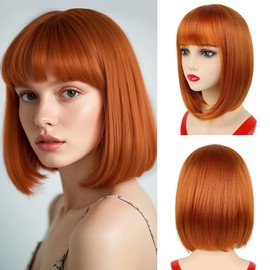 NOTICEME Ginger Bob Wig with Bangs, Short Straight Costume Auburn Wig for Women Cosplay, Synthetic Hair, 14in