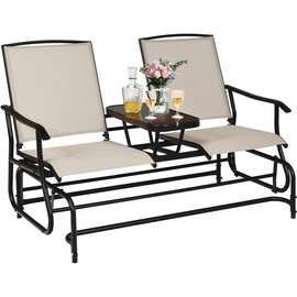 S AFSTAR 2-Person Outdoor Glider, Patio Glider Bench Chairs with Center Tempered Glass Table & Breathable Loveseat, Double Swing Glider Chair for Porch Garden Poolside Balcony Lawn (Beige)