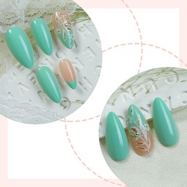 Green French Tip Press on Nails Medium Fake Nails Almond False Nails with Gold Flower Designs Acrylic Nails Natural Reusable Glue on Nails for Women Girls DIY Manicure 24PCS