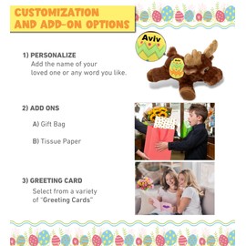 DolliBu Brown Lying Moose with Yellow Easter Egg Plush and Name Personalization - Stuffed Animals for Easter Basket, Easter Egg Stuffed Animal Spring Toys for Girls, Boy, Baby - 9 Inches