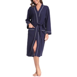 Sopesil Women Waffle Dressing Gowns, Cotton Kimono Robes Soft Luxury Bathrobe Loungewear Sleepwear Spa and Hotel for All Year A-Navy Blue,M