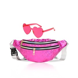Fanny Pack Holographic with Heart Sunglasses,Waterproof Adjustable Belts Crossbody Waist Bag for Women Men Daily Wear, Bachelor Party (pink), Pink, Small, Fashion