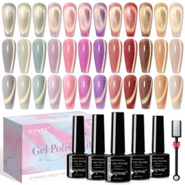 SUPWEE Cat Eye Gel Nail Polish Set,12 Colors Gold Glitter Holographic CatEye Gel Polish with Magnetic Stick,Sliver Brown Pink Red Cat Eye Gel Soak Off UV DIY Home Salon Manicure