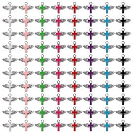 WANDIC 80Pcs Silver Plastic Cross Pendants 8 Colors Angel Wings Charms Easter Pendant for DIY Bracelet Necklace Jewelry Making, Plastic, No Gemstone