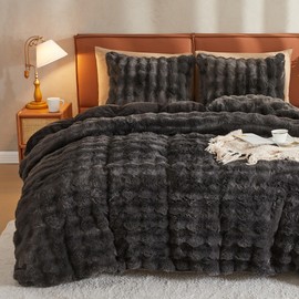 JELLYMONI Plush Duvet Cover Set - King Size Dark Gray Faux Fur Comforter Cover 3pcs Bedding Set Luxury Ultra Soft Striped Fluffy Duvet Cover with Zipper and 2 Pillowcases (NO Comforter)