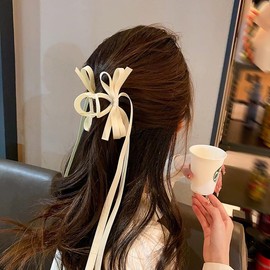 Bow Claw Clip with Long Tail Bowknot Hair Clip with Long Tassel Ribbon Claw Clips for Thick Thin Hair Bows Clips for Women Girls White Bow Knot Hair Accessories for Women Girls