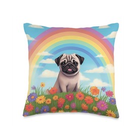 Pug Rainbow Bridge Cute Colorful Dog Memorial Painting Throw Pillow