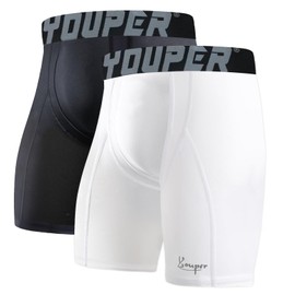 Youper 2-Pack Adult Compression Shorts w/Cup Pocket, Men's Athletic Supporter for Baseball & Football (Large, White & Black)