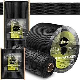 Teceum Paracord Type III 550 Black â 1000 ft â 4mm â 100% Nylon Tactical Rope MIL-SPEC â Outdoor para Cord âCamping Hiking Fishing Gear and Equipment â EDC Parachute Cord â Strong Survival Rope 016