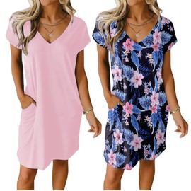 Ekouaer Women's 2 Pieces Nightgown Sleepwear Short Sleeve Nightshirt Casual Plain/Print Sleepdress with Pockets