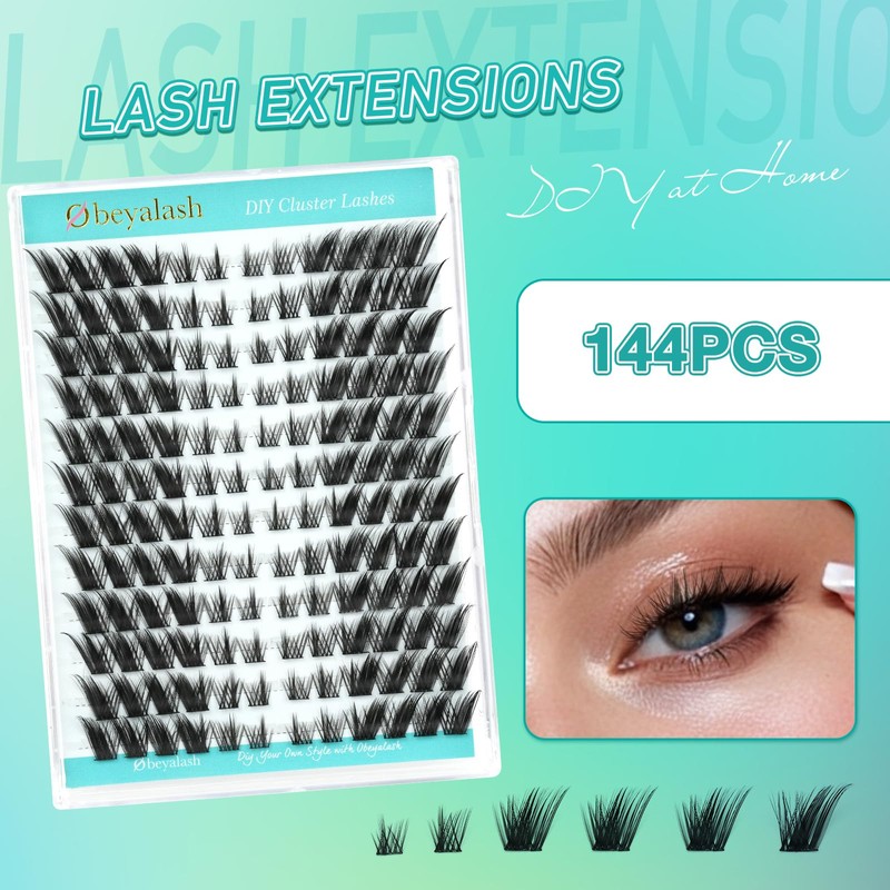 Obeyalash Fox Eye Cluster Lashes Extensions, 144 Pieces, Individual Eyelashes,