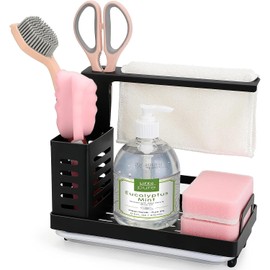 ECOMM369 Modern Minimalist Black Stainless Steel Kitchen Sink Caddy Organiser, Countertop Mountable, Space Saving, Cleaning Supplies Holder
