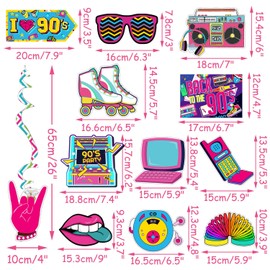 Pre-Assembled 18Pcs 90s Party Hanging Swirls Decorations Back to 1990's Party Ceiling Streamers Decor 90's Birthdays Party Favors for for 90s Theme Birthday Party Decorations Supplies