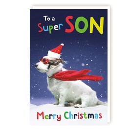 Son Funny Christmas Card - Super Son - Dog Wearing a Cape - Festive Design - Made in the UK - Eco-Friendly