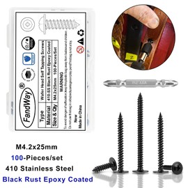 FandWay 100Pcs Wafer Head Self Tapping Screws Black,M4.2x25mm Wood Screws 410 Stainless Steel,Modified Truss Head Self Drilling Screw,Sheet Metal Screw Phillips Drive for Aluminum WoodWork Plastics.