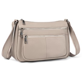 befen Genuine Leather Medium Crossbody Purses for Women, Women's Medium Shoulder Bags Handbags with Multi Zipper Pockets Beige Grey