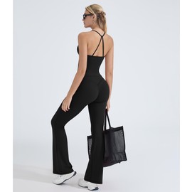 OMKAGI 2 Piece Workout Sets for Women Padded Tank Tops Flare Leggings Pilates Outfits(XS,449-Black)