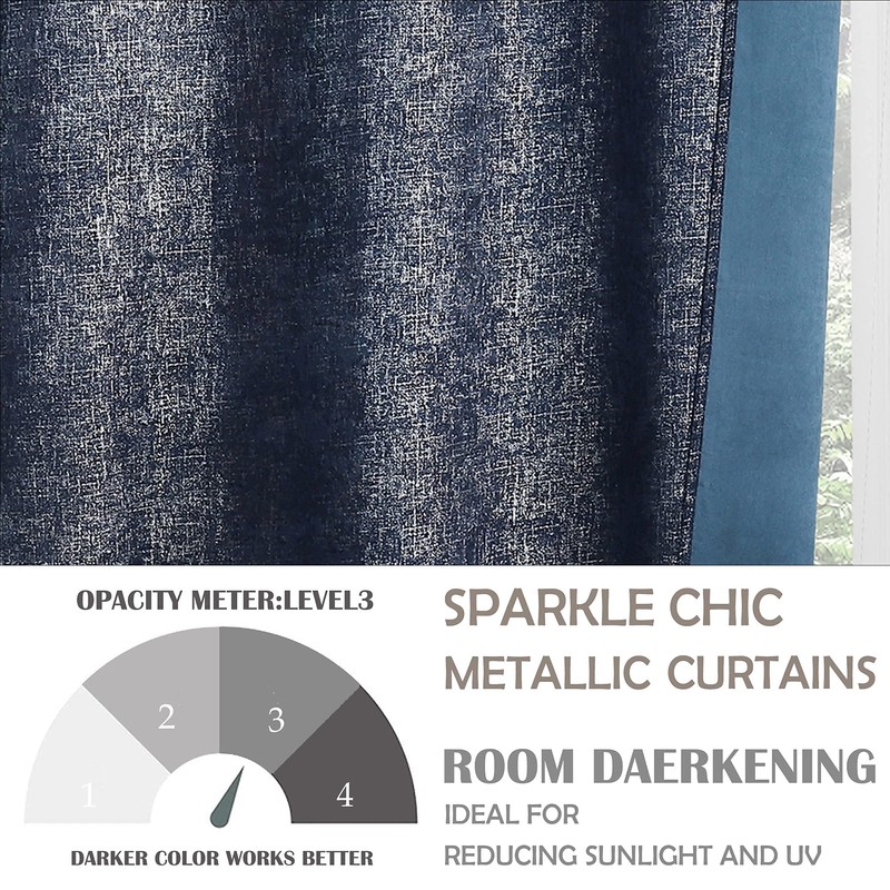 Bujasso Navy Blue Metallic Blackout Window Curtains 63 inch Silver