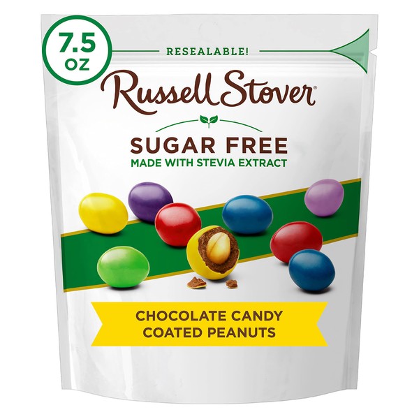 Russell Stover - Gemas de maní recubiertas de caramelo de chocolate sin azúcar, bolsa de 7.5 onzas