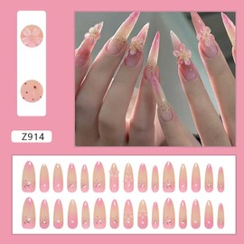 Rilafuvu Press on Nails Almond Fake Nails with 3D Butterfly Flower Pearls Charms Designs Acrylic Nails Glossy Glue on Nails Cute False Nails Pink Artificial Stick on Nails for Women 24Pcs