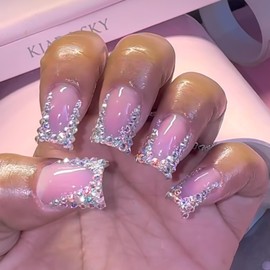 Short Press on Nails Square Nails Press ons French Tip Fake Nails with Rhinestone Design Cute Artificial Acrylic Nails Pink Glossy Full Cover Glue on Nails for Girls
