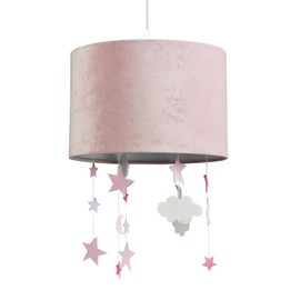 Soft Blush Pink Velvet Pendant Lamp Shade with Hanging Felt Fabric Stars and Clouds | 30cm Diameter | Lovely Addition to Childrens Bedroom by Happy Homewares