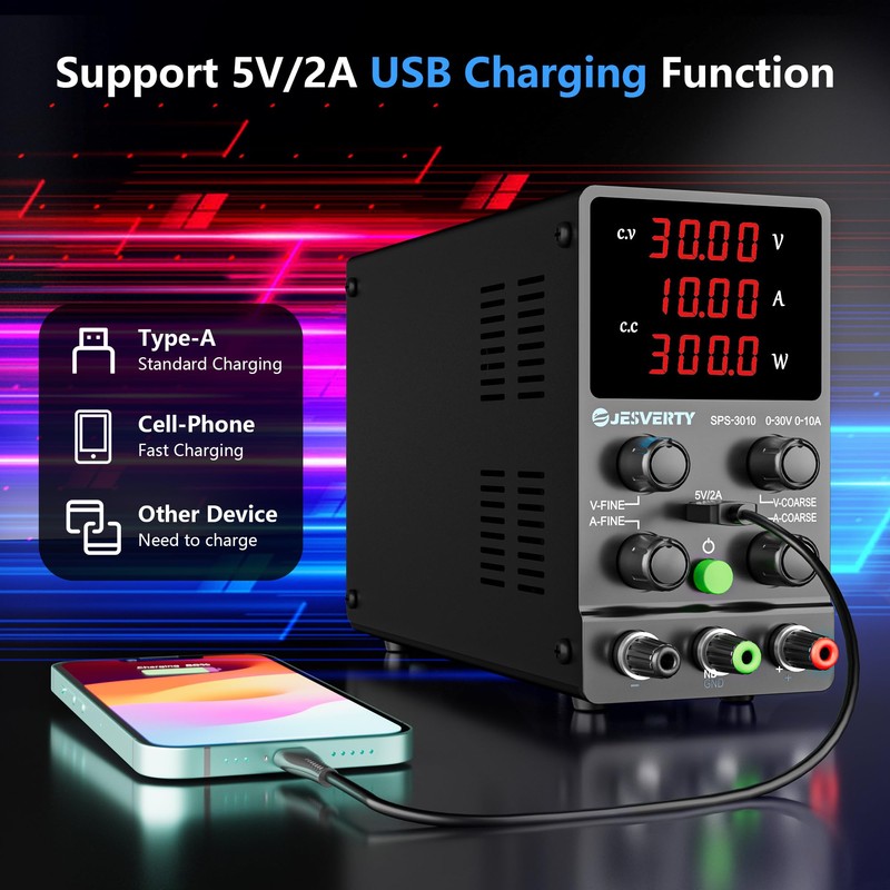 Jesverty DC Power Supply Variable, 0-30V 0-10A Adjustable Switching DC