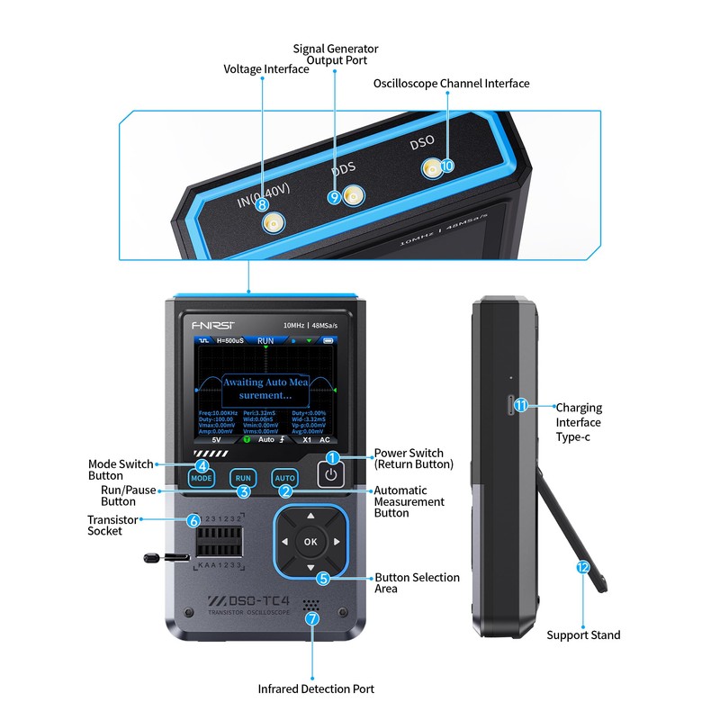 FNIRSI DSO-TC4 Handheld Oscilloscope, 10MHz Bandwidth 48MSa/s Sampling Rate Digital