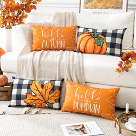 Artscope Fall Decorative Throw Pillow Covers 12x20 Inch Set of 4, Buffalo Plaid Autumn Pumpkin Maple Leaves Harvest Outdoor Farmhouse Pillow Cases for Home Sofa Couch-Orange A