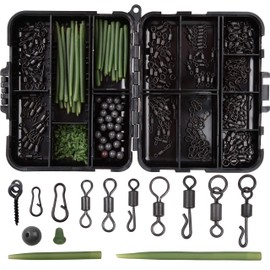 300pcs Carp Fishing Swivel Snaps Kit Mixed Various Matte Black Quick Change Rolling Swivels Speed Links Anti-tangle Sleeves Hook Stops Beads Screws Rigs with Tackle Box