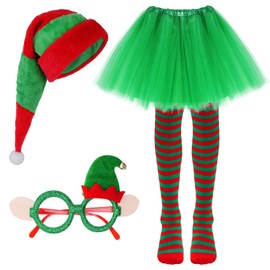 HOVEOX Christmas Elf Costumes for Women Christmas Costumes for Women Hat Skirt Socks Glasses Christmas Costume Set (Green)