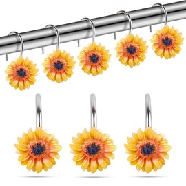 12 Pcs Sunflower Shower Curtain Hooks Rings for Bathroom, Rustproof Metal Decorative Shower Hangers, Bulk Glide Shower Curtain Rings for Theme Bathroom Decor (Sunflower)