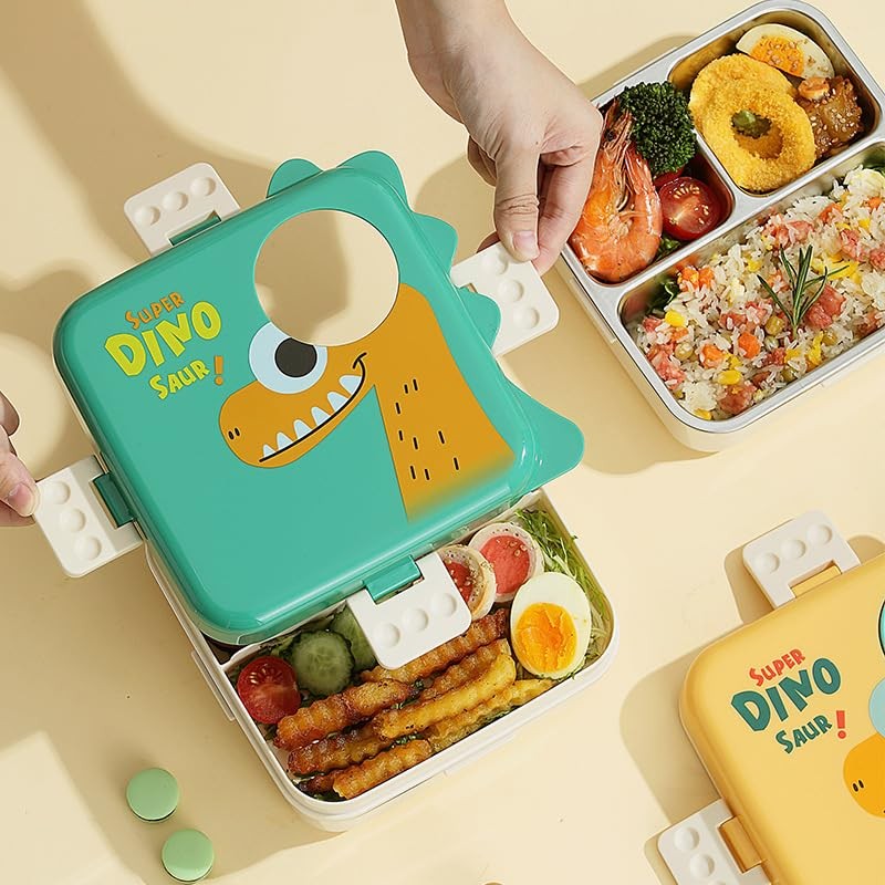 Kids Dinosaur Lunch Box Set, Stainless Steel Compartment Lunch Box
