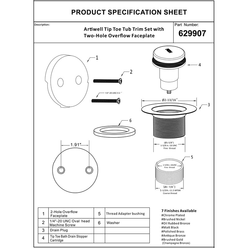 Artiwell Tip-Toe Bathtub Drains Trim Set with Two-Hole Overflow Faceplate,