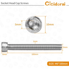 Cicidorai M6-1.0 x 100mm Socket Head Cap Screws Bolts, 304 Stainless Steel (A2-70), Allen Socket Drive, Bright Finish, Full Machine Threads, Quantity 10